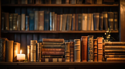 Poster - Old books in the shelf in library .Created with Generative AI technology.