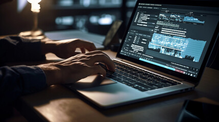 hands typing on a laptop with a budget spreadsheet visible on the screen, and a calculator and glasses at the side, moody lighting with the focus on the laptop and the hands