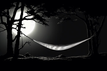 Minimalistic, bold line art of a hammock strung between two trees, moonlight casting long shadows, black and white contrast, digital ink sketch style