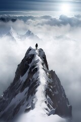 Man on top of mountain, walking through clouds.