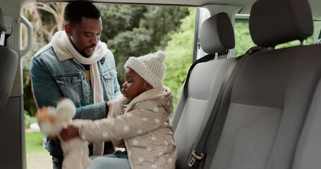 Canvas Print - Help, seatbelt and car with father and baby for travel, driving or security. Happy, love and care with black man and young child in seat for support, transportation and family road trip together