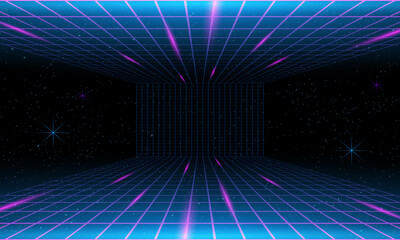 Aufkleber - Synthwave wireframe net illustration. Abstract digital background. 80s, 90s Retro futurism, Retro wave cyber grid. Deep space surfaces. Neon lights glowing. Starry background. Vector 3D Rendering