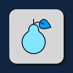 Sticker - Filled outline Pear icon isolated on blue background. Fruit with leaf symbol. Vector