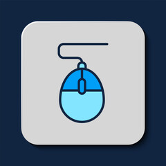 Poster - Filled outline Computer mouse gaming icon isolated on blue background. Optical with wheel symbol. Vector