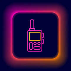 Poster - Glowing neon line Walkie talkie icon isolated on black background. Portable radio transmitter icon. Radio transceiver sign. Colorful outline concept. Vector