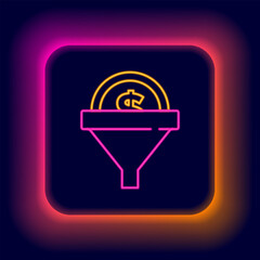 Sticker - Glowing neon line Lead management icon isolated on black background. Funnel with money. Target client business concept. Colorful outline concept. Vector