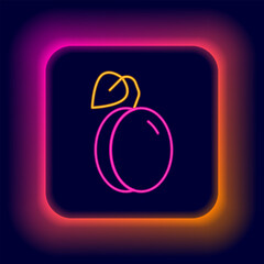 Poster - Glowing neon line Plum fruit icon isolated on black background. Colorful outline concept. Vector