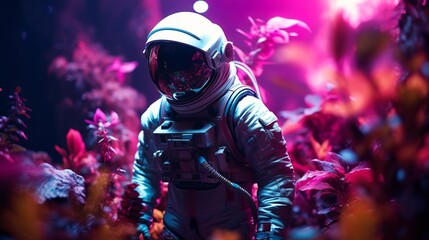 Wall Mural - Astonaut in an alien world among colourful plants, Generative AI