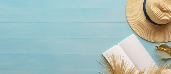 Poster - A writing book with summer beach accessories is shown on a background with copy space, offering