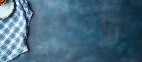 Aufkleber - The table setting background is a light plate placed on a blue stone table with a blue checked