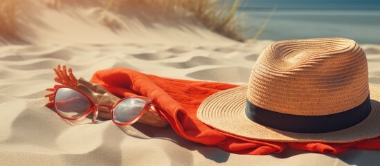 Poster - A sunny beach with red sunglasses, a sunhat, and a rolled beach towel is the perfect spot for