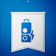 Poster - Blue Battery charge level indicator icon isolated on blue background. White pennant template. Vector