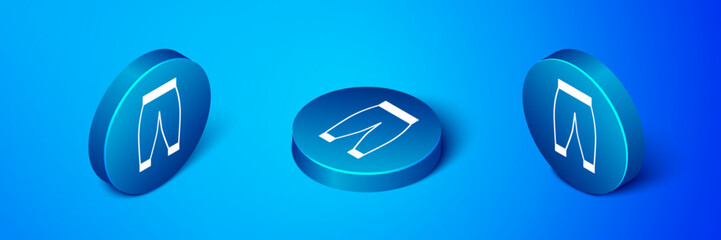 Sticker - Isometric Pants icon isolated on blue background. Trousers sign. Blue circle button. Vector