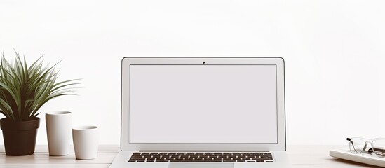 Poster - White Office Desk Workplace With Blank Screen Tablet, Laptop, Pen And Notebook, Top View Flat