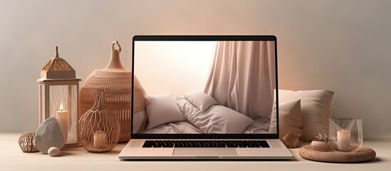 Poster - Aesthetic boho styled home interior design template with a laptop computer displaying a blank