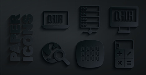 Poster - Set Binary code, Data analysis, Search globe, Calculator, Server and icon. Vector