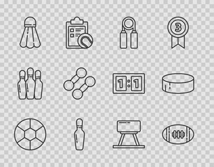 Sticker - Set line Football ball, American, Sport expander, Bowling pin, Badminton shuttlecock, Dumbbell, Pommel horse and Hockey puck icon. Vector