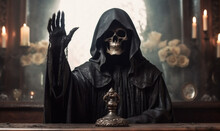 Night Creepy Horror Death Halloween Skeleton Fear Evil Hood Ghost. Generative AI.