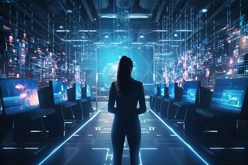 3D-Grafikkonzept: Weibliche Chief Technology Officer eines Big Data Centers nutzt Laptop im Lager, aktiviert Server, Informationsdigitalisierung beginnt.  