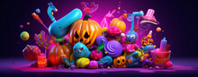 Sweet Party Celebration Candy Purple Spider Halloween Holiday Pumpkin Orange. Generative AI.