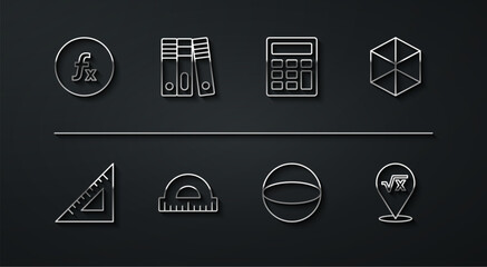 Poster - Set line Function mathematical symbol, Triangular ruler, Geometric figure Cube, Sphere, Protractor, Office folders, Square root of x glyph and Calculator icon. Vector