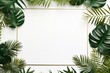 Palm leaf frame on white background. Blank leaf banner design. Green Monstera leaves on wallpaper. Beautiful tropical foliage on summer poster