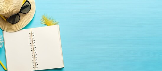 Poster - A writing book with summer beach accessories is shown on a background with copy space, offering