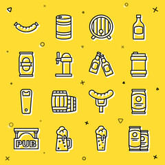 Poster - Set line Beer can, Metal beer keg, Wooden barrel, Dispenser, Sausage and bottle icon. Vector