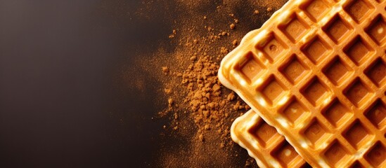 Poster - Belgian waffle texture background with square waffled cookie mockup. Soft golden Belgium waffles