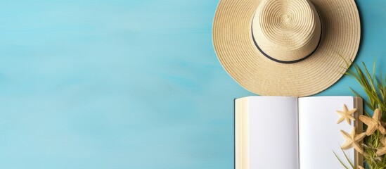 Poster - A writing book with summer beach accessories on a background with copy space, perfect for a