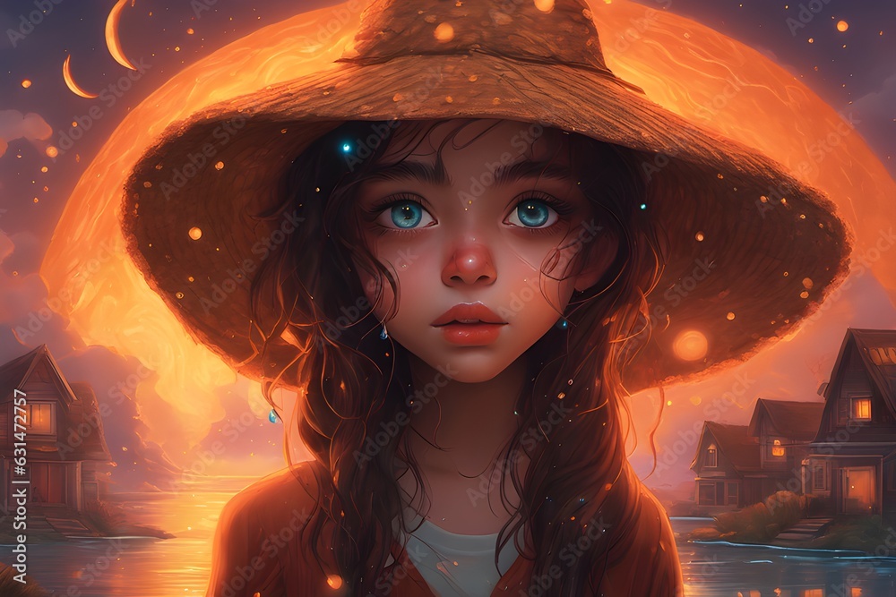 Illustration fantasy portrait of a beautiful girl with blue eyes and ...