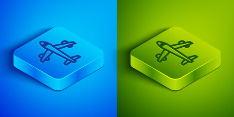 Sticker - Isometric line Plane icon isolated on blue and green background. Flying airplane icon. Airliner sign. Square button. Vector