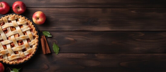 Aufkleber - Classic apple pie with space for text on a wooden table, arranged in a flat lay. Perfect for