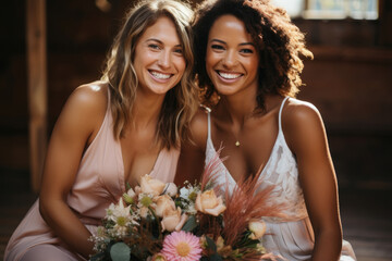 Wall Mural - Happy cheerful lesbian brides hugging on their wedding day. Female gay couple surrounded with flowers. Homosexuality, same-sex marriage and love concept.