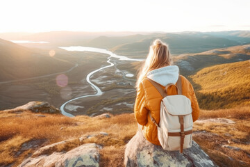 Female hiker wearing casual clothes admiring a scenic view from a mountain top. Adventurous young girl with a backpack. Hiking and trekking on a nature trail. Traveling by foot.