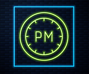 Poster - Glowing neon line Day time icon isolated on brick wall background. Time symbol. Vector