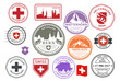 Switzerland and Alps rubber stamp set, swiss cities badges, labels and symbols, emblems and flags, vector