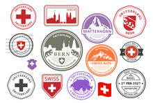 Switzerland And Alps Rubber Stamp Set, Swiss Cities Badges, Labels And Symbols, Emblems And Flags, Vector