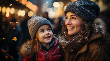 Mother And Child Having Wonderful Time On Traditional Christmas Market On Winter Evening. Parent And Kid Enjoying Themselves In Christmas Town Decorated With Lights.