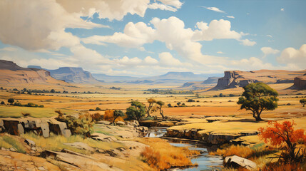 Desert savannah Texas Arizona empty wildlife concept inspired by Africa for background illustration of books comics canyon summer sun dry landscape with river sand dust Generative AI
