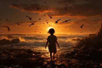 Adorable little girl playing on a beach on sunset with seagulls flying around.