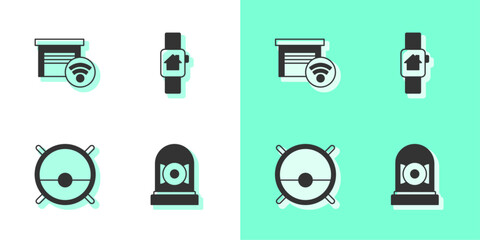 Canvas Print - Set Ringing alarm bell, Smart garage, Robot vacuum cleaner and home with smart watch icon. Vector