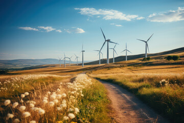 Rows of wind turbines generating power in scenic evening scenery on summer. Windmills generating green energy on background of blue sky.