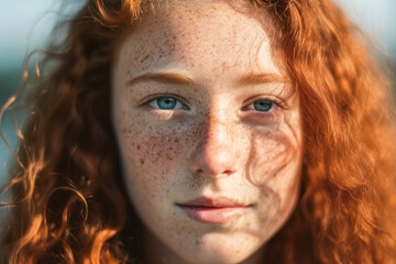 Portrait of freckled redhair teenage girl with clean healthy skin.