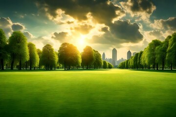 Wall Mural - Green Grass field in the big city park, Generative AI