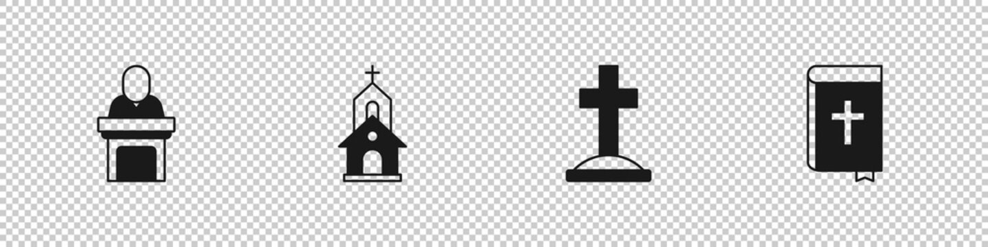 set church pastor preaching, building, grave with cross and holy bible book icon. vector