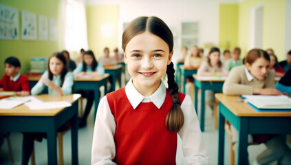 Wall Mural - Cheerful young children looking at the camera, close-up, the concept of learning in a modern school, AI generated