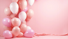 Pastel Pink Table With Colorful Balloons And Confetti For Birthday Top View. Flat Lay Style. AI Generated