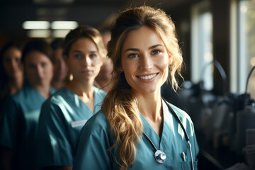 Beautiful smiling female nurses and doctors wearing scrubs in a hospital. Cheerful multiracial medical team portrait. Diverse woman staff of a clinic.