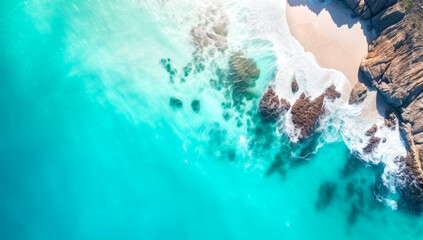 Beach and waves from top view. Turquoise water background from top view. Summer seascape from air. Top view from drone. Travel concept and idea, view of the ocean from above, generated AI 